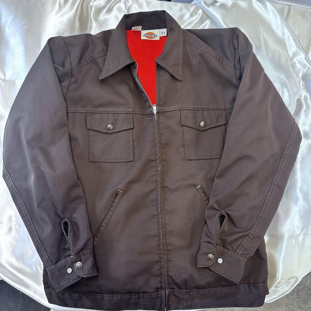 Vintage 70s Dickies Work Jacket Full Zip Cotton Lined 4 Pocket Brown 44 Long